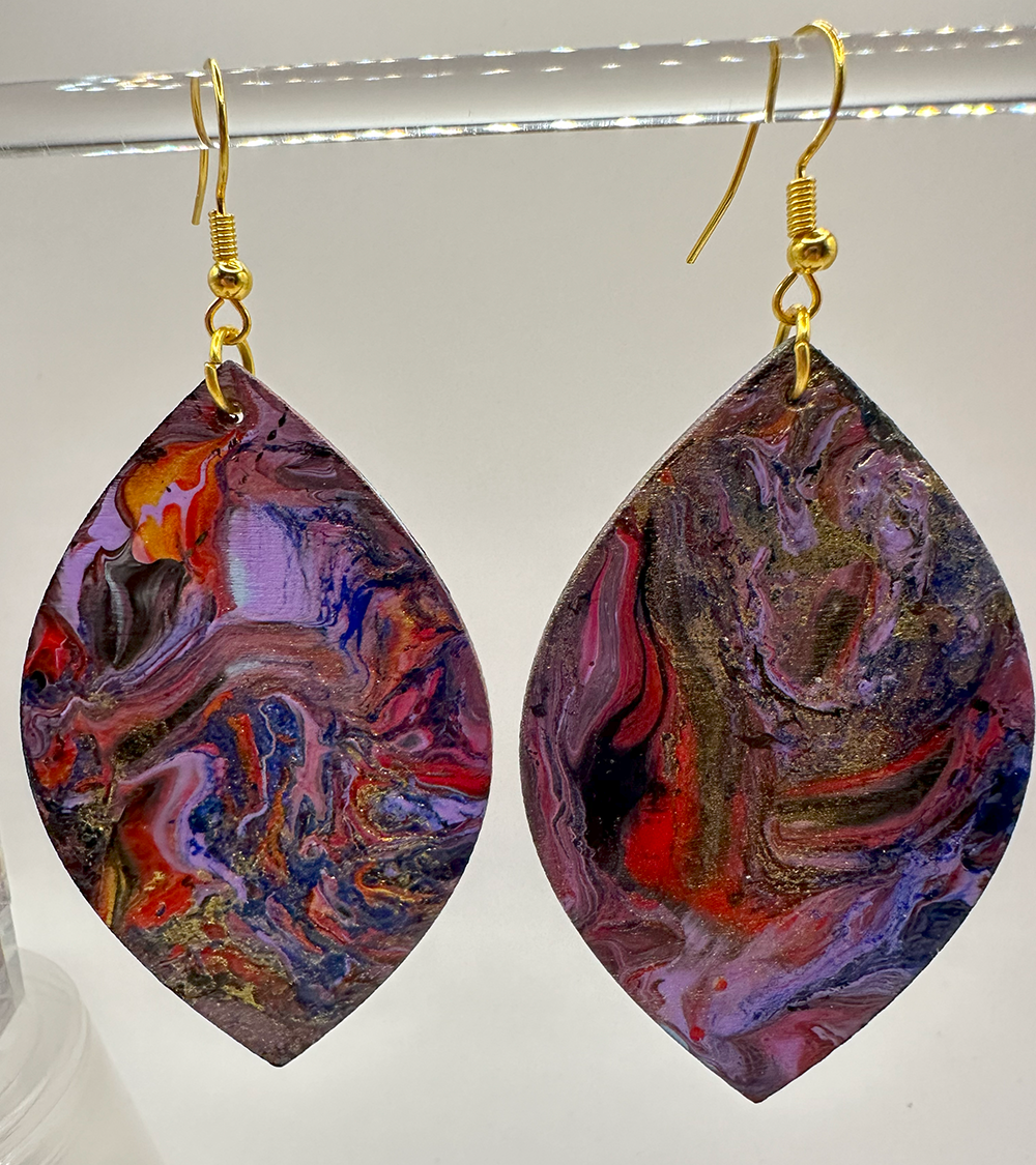 1027 - Purple Acrylic Pour Painting Dangling Earrings with Red and Gold Highlights