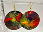 1026 - Blue Acrylic Pour Painting Dangling Earrings with Red and Green Highlights